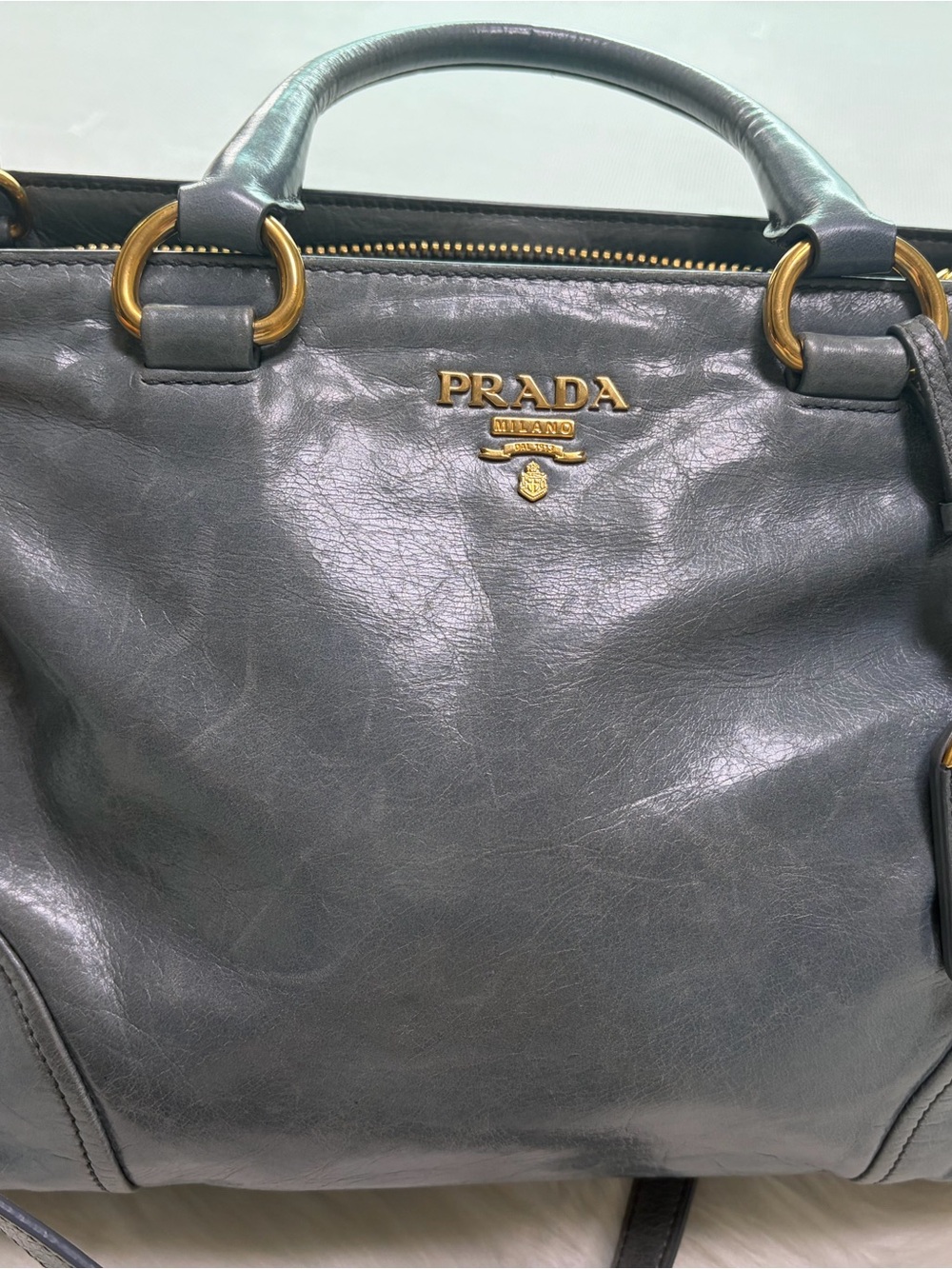 Prada Metallic Gray Leather Shoulder Bag with Gold Hardware
